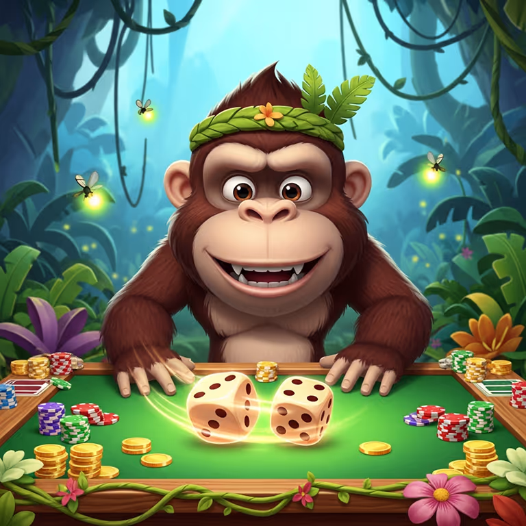 Rainbet Casino featuring a poker table stacked with chips and cards in a modern high-rise lounge overlooking the city skyline.